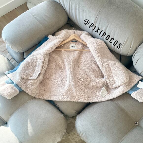 ZARA NEW FAUX SHEARLING BIKER JACKET MOTO DENIM BLUE M MEDIUM 3548/250 - Picture 10 of 16